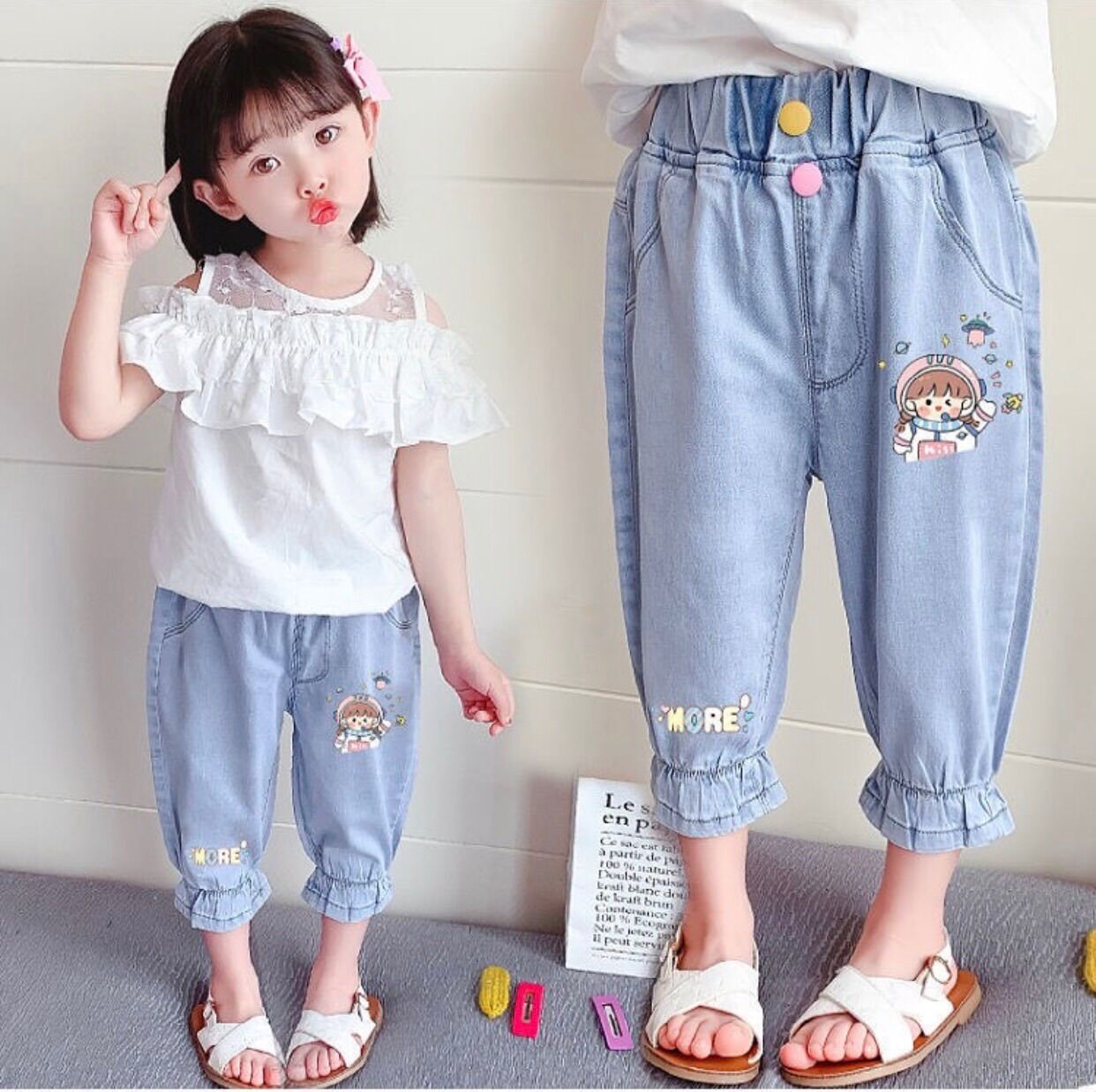 Quần bò giấy in hình cho bé gái 10-25kg