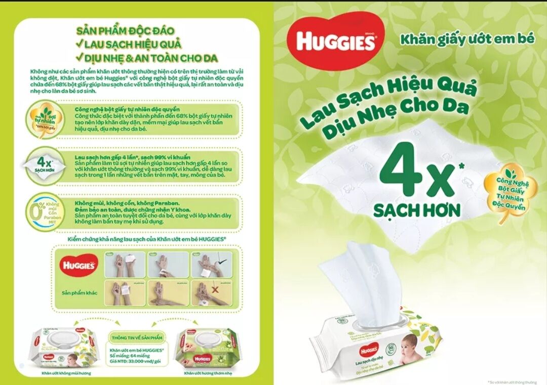 Combo 4 gói khăn ướt Huggies không mùi 80 tờ/gói