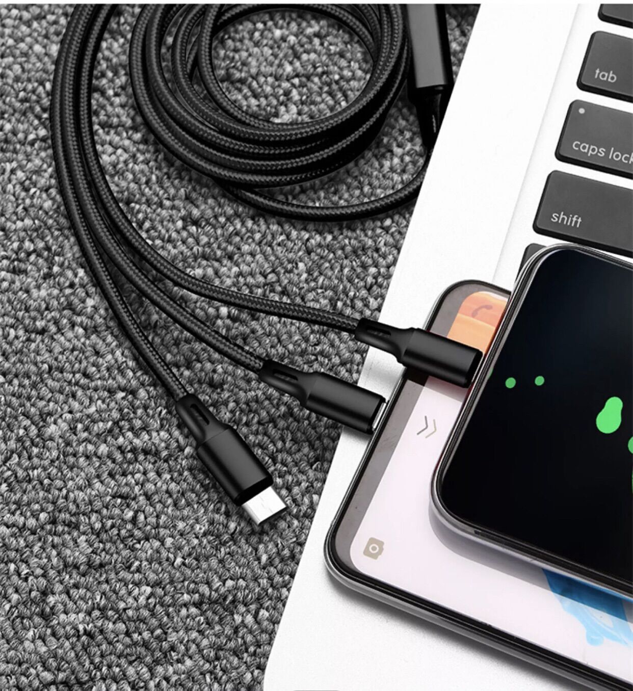 3in1 Hỗ trợ Cáp sạc nhanh cho Iphone 12 11 Redmi Huawei Vivo Xiaomi Bộ sạc di động Bện Dây sạc cho Phụ kiện Loại C và Micro USB