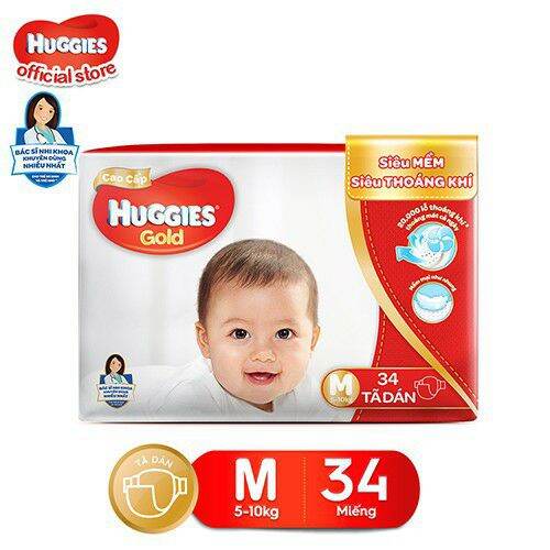 Tã bỉm dán Huggies Gold M 34 miếng. Date 20/10/2021.