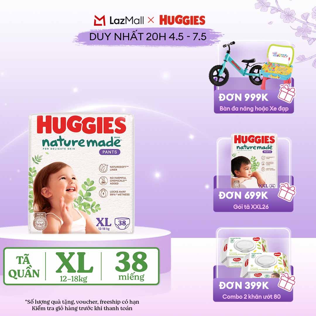 [CHỈ 20h 04-07.05 QUÀ TẶNG ĐƠN 399K](Mua 1 tặng 1) Tã/Bỉm quần HUGGIES PLATINUM NatureMade XL38 (12-18kg)-Gói Jumbo 38 miếng