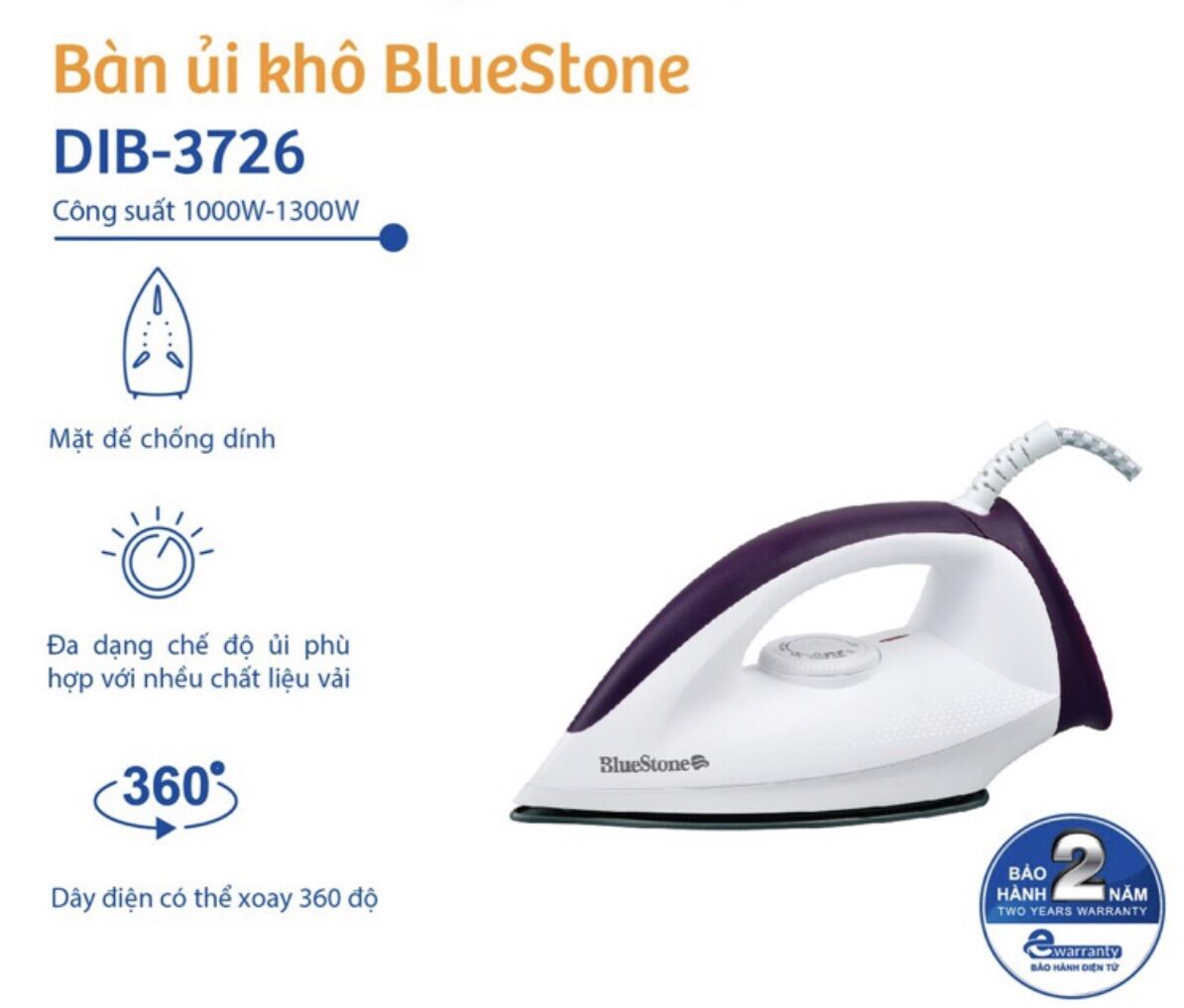 Bàn ủi khô Bluestone DIB-3726 - 1300W  Thiết kế gọn nhẹ, hiện đại  - hàng thumbnail