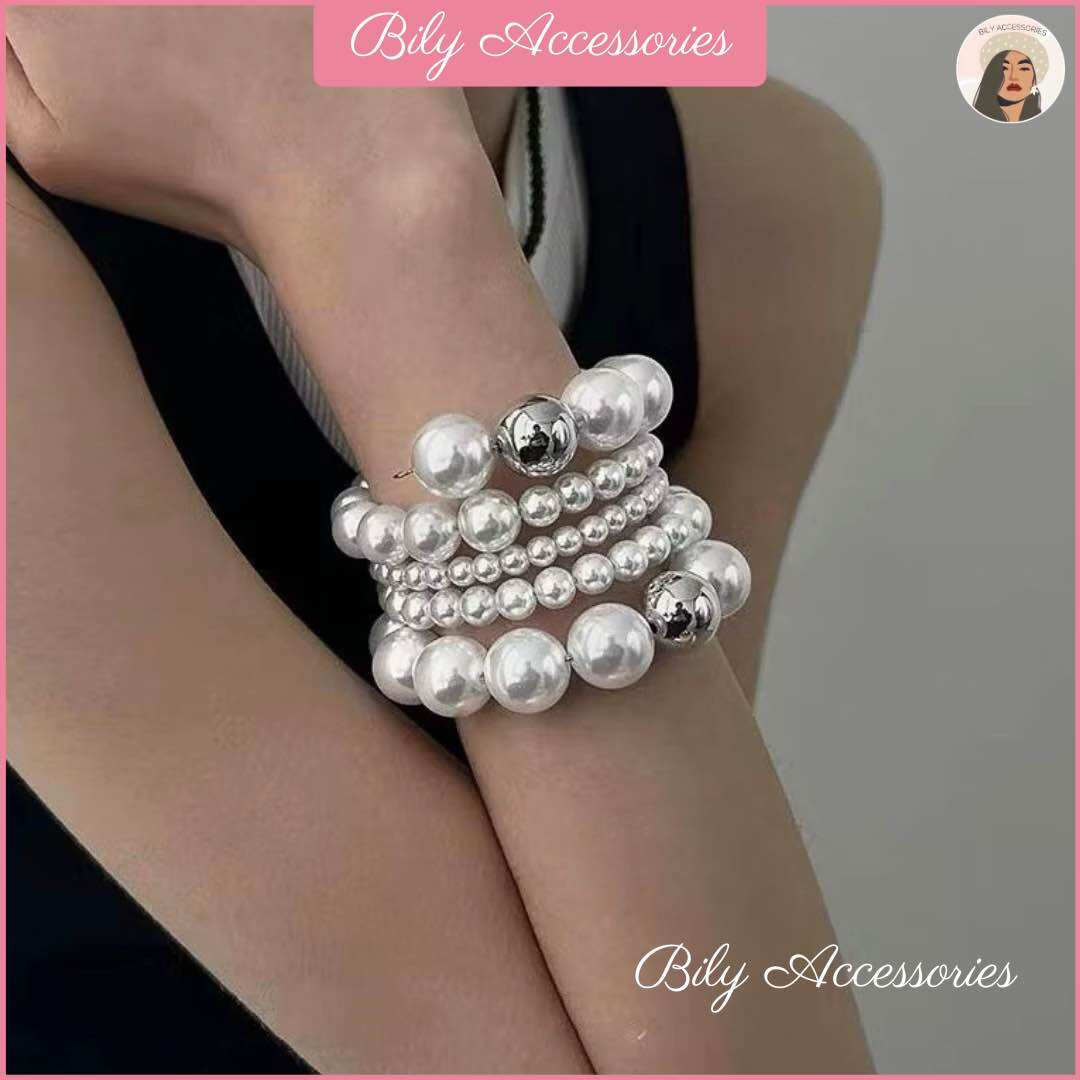 BILY - Vòng tay/ vòng đeo bắp tay co dãn phối ngọc tráng gương lấp lánh cô dâu đi tiệc sinh nhật đám cưới sang trọng