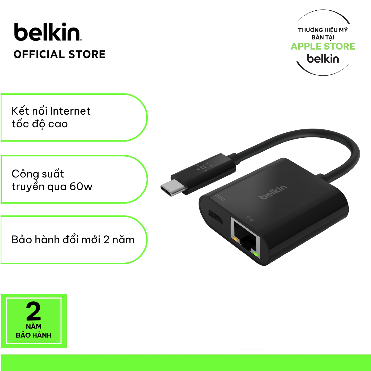 Cáp chuyển đổi USB-C sang Ethernet Belkin hỗ trợ 1000Mbs, sạc lại PD 60W, - Hàng chính hãng
