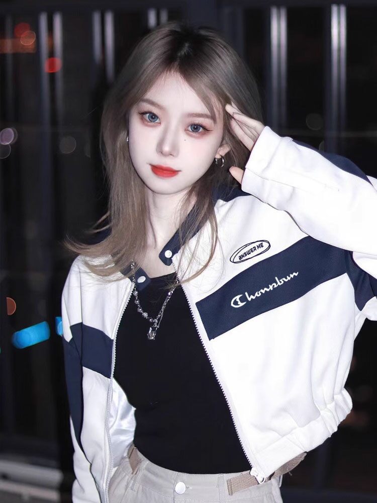 Áo Khoác Bóng Chày Ngắn Thời Trang Nữ Champion Adorable Street Style Áo Khoác Cotton Dài Tay Thường 