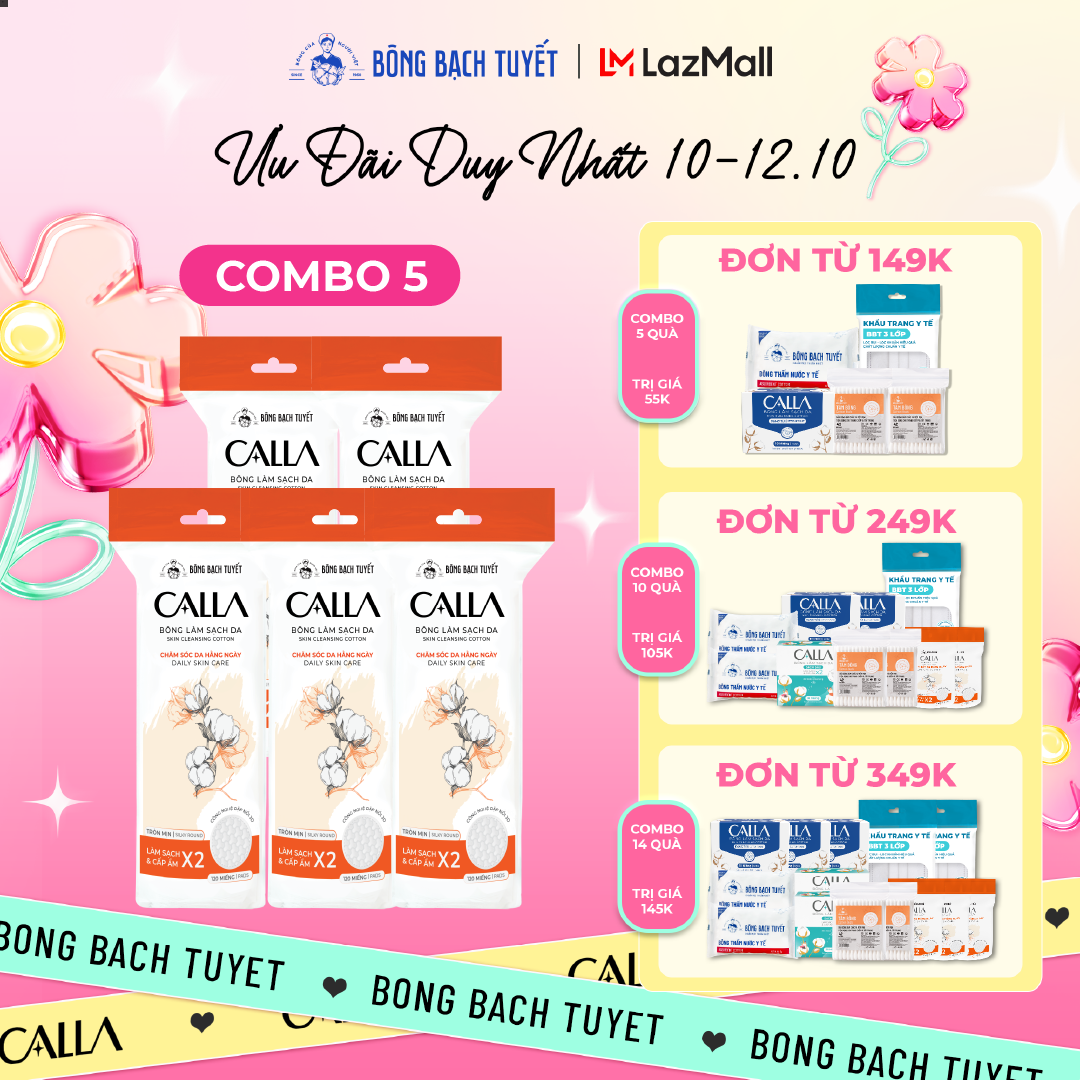 Combo 5 Bông tẩy trang làm sạch da Bông Bạch Tuyết Calla tròn 3D 120 miếng/gói
