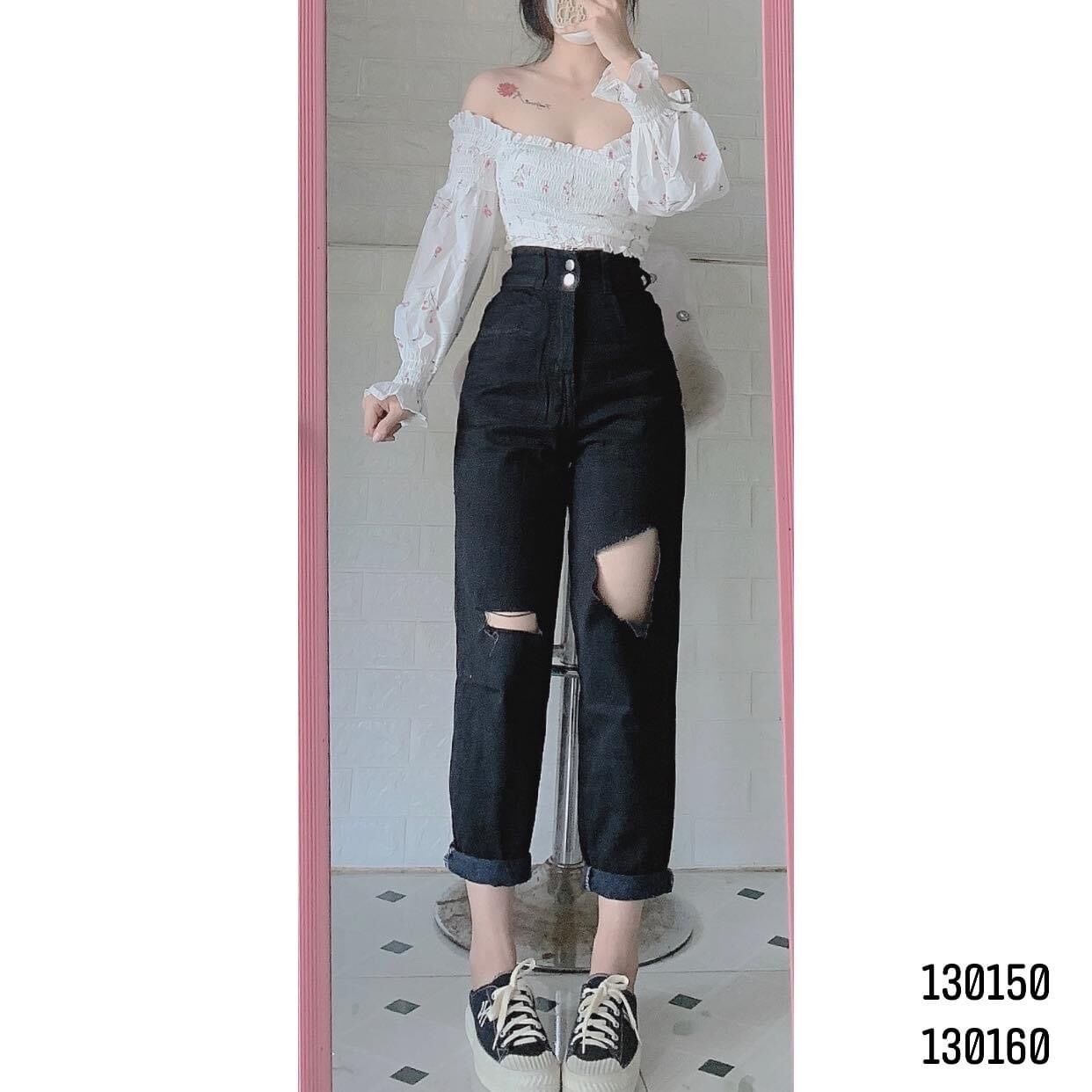 Baggy Jeans 2 Nút Rách Ô