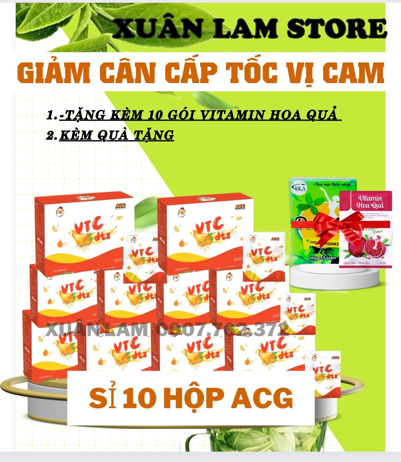 Sỉ 10 hộp bột trà acg vị cam / tặng 10 gói vitamin hoa quả kèm quà tặng riêng