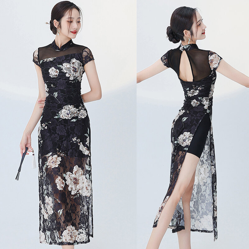 Đầm Cheongsam In Hoa Phong Cách Dân Tộc Cho Luyện Tập Múa Đạo Cổ Điển