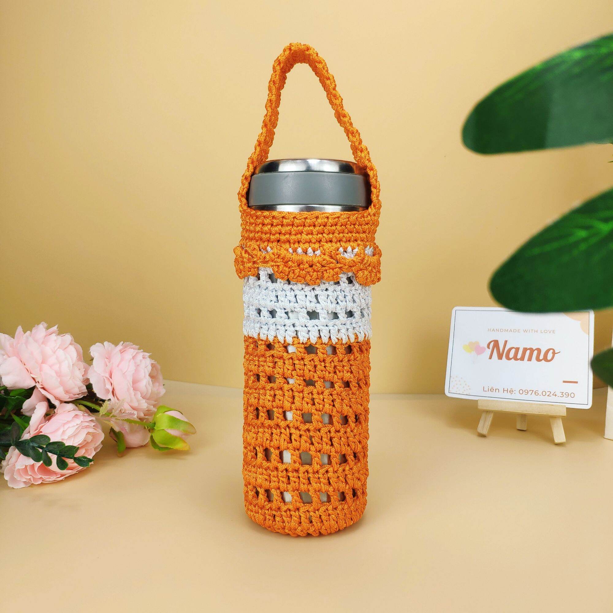 Túi đựng bình giữ nhiệt size 500ml, màu cam phối trắng