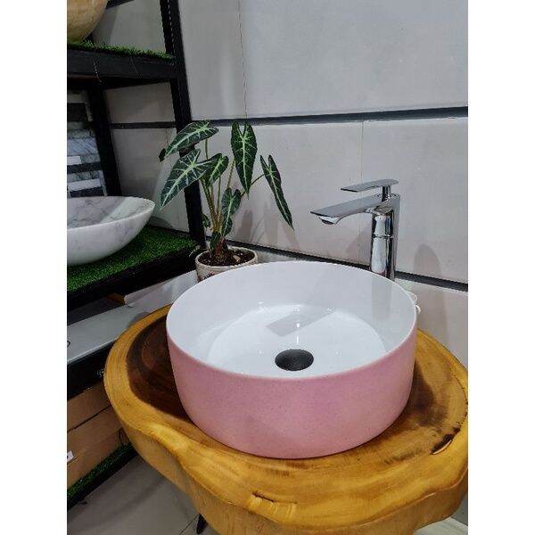 Lavabo sứ tròn hồng ánh