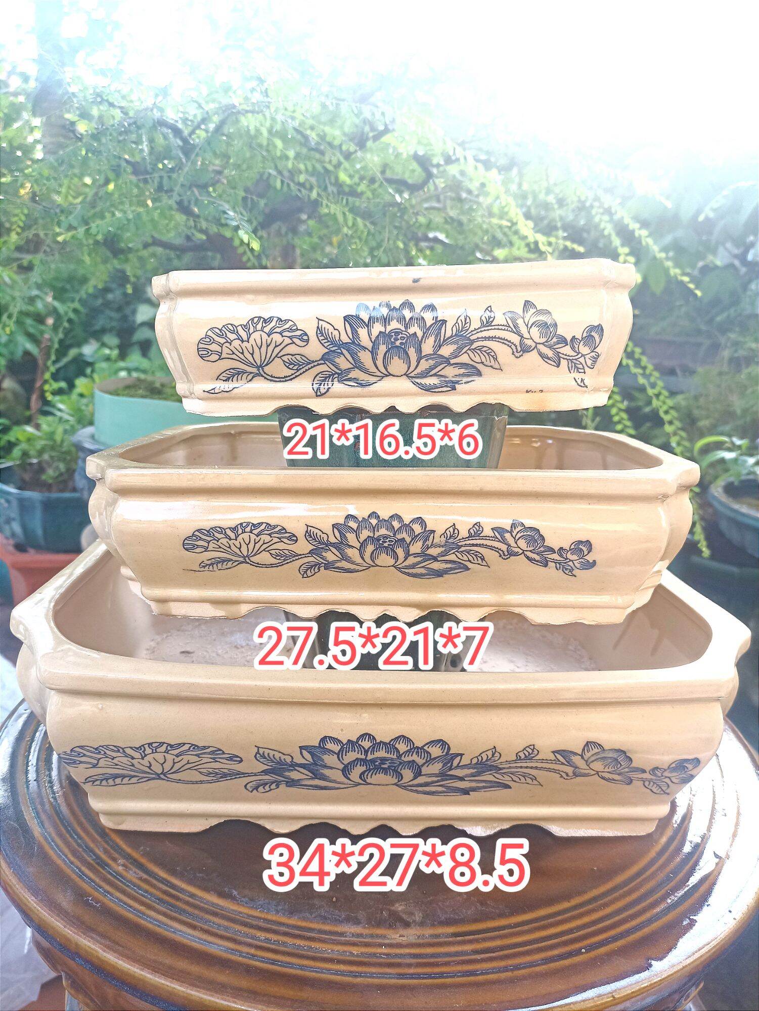 Bộ 3 chậu vẽ hoa sen 4 mặt Bát tràng cao cấp
