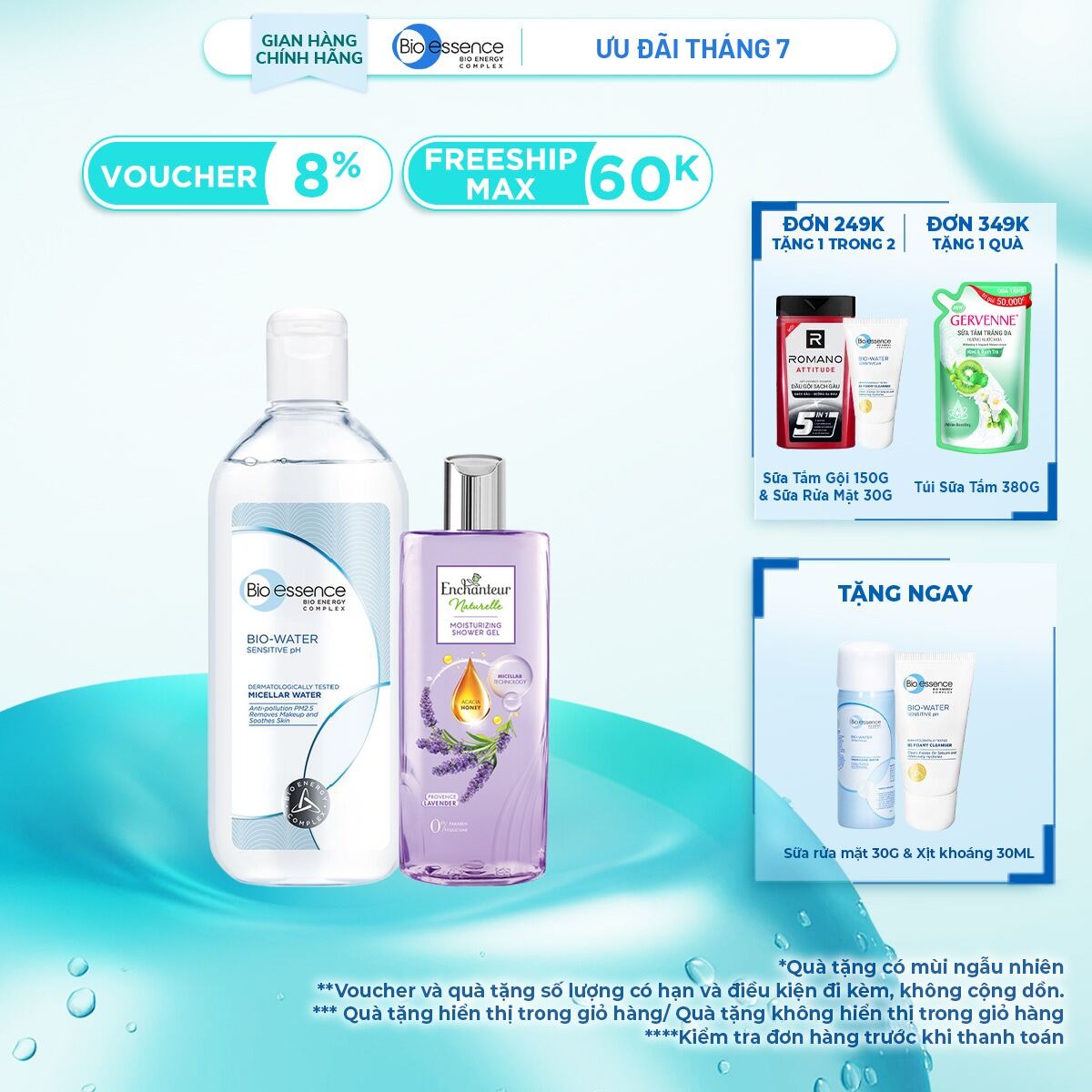 Nước tẩy trang ẩm mượt mịn màng Bio-Essence BioWater Micellar 400ml + tặng kèm chai Sữa tắm Enchanteur naturelle 250g (mùi ngẫu nhiên)