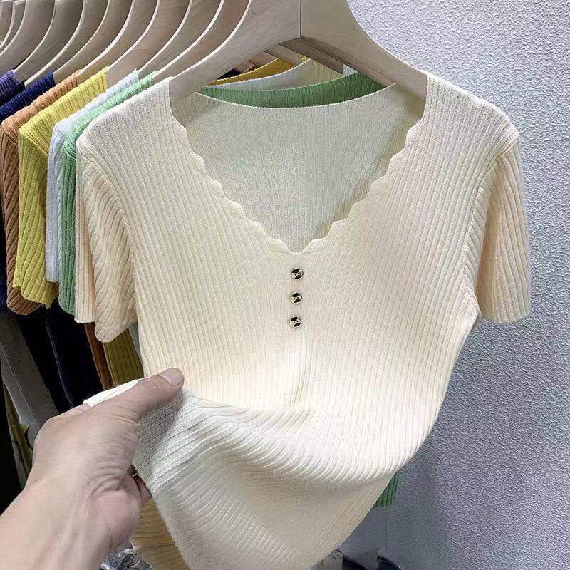 Áo Thun Lụa Lạnh Cộc Tay Áo Len Dệt Kim Cổ Chữ V Màu Trắng Dáng Ngắn Tôn Dáng Kiểu Tây Mùa Hè Mẫu Mới Năm 2022 Cho Nữ Áo Tay Lỡ