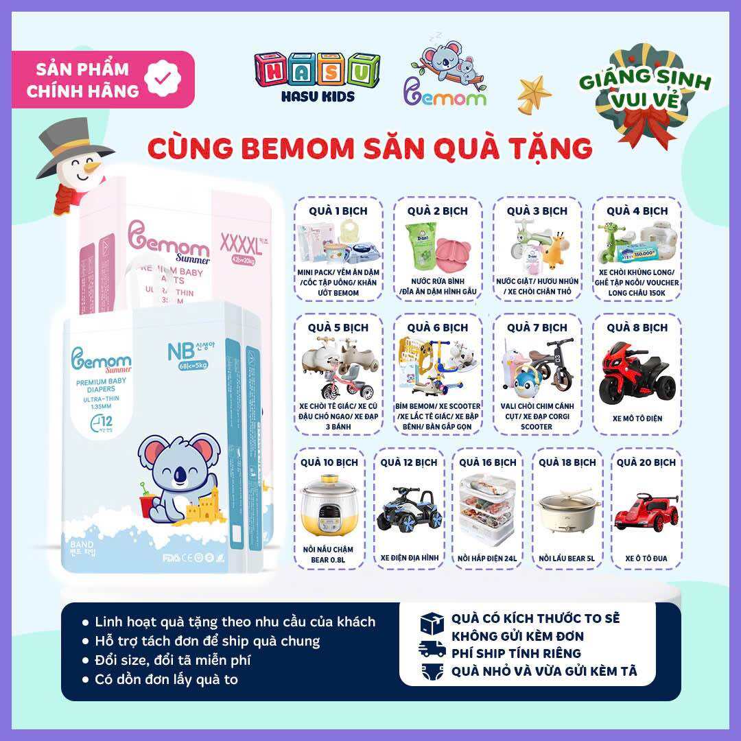 Tã/Bỉm BEMOM HÀN QUỐC Dán/Quần Đủ Size S56/M48/L46/M44/L42/XL40/XXL38/3XL36