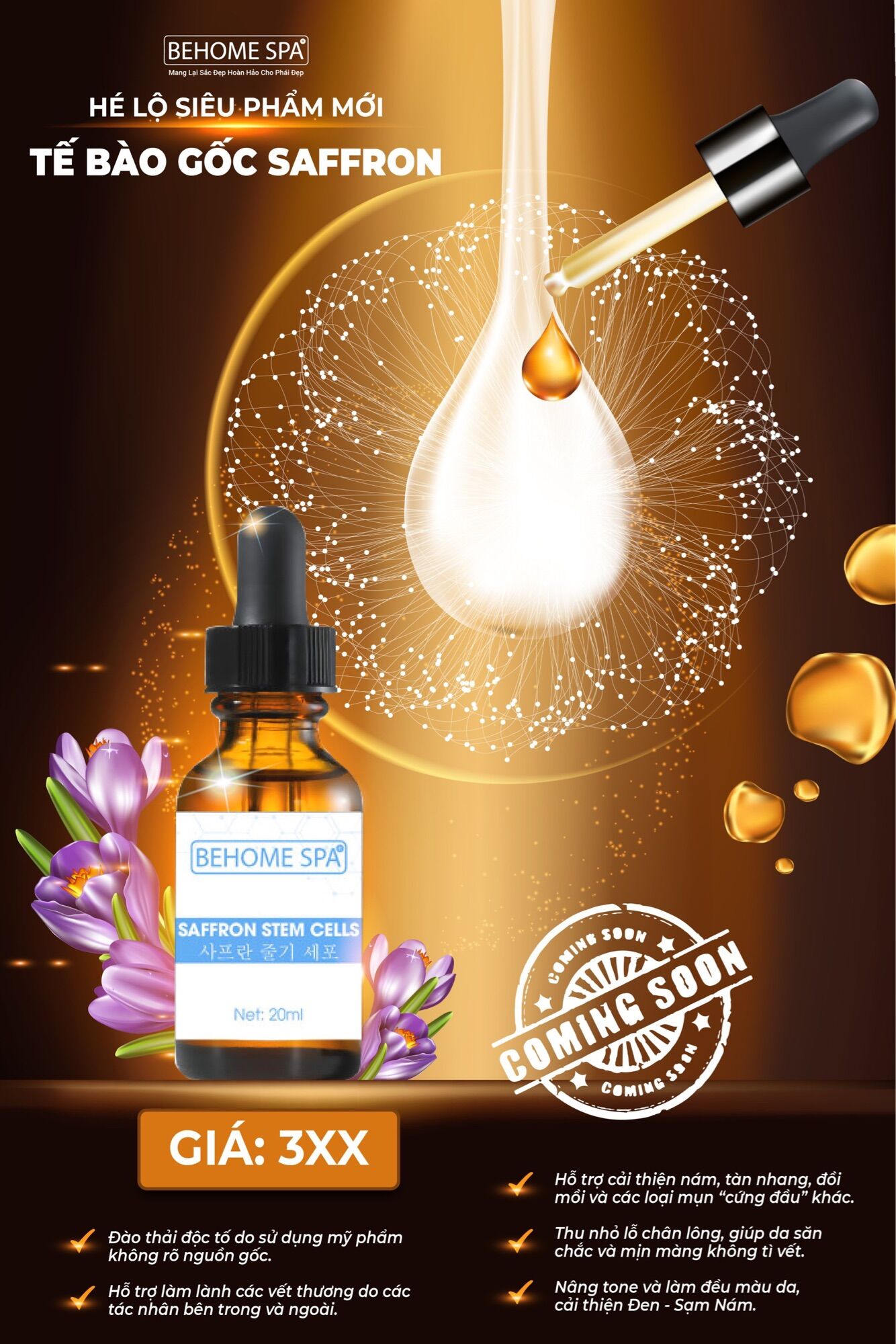 Serum tế bào gốc phục hồi, trắng da Behome spa dứt điểm nám, tàn nhang sau 10 ngày