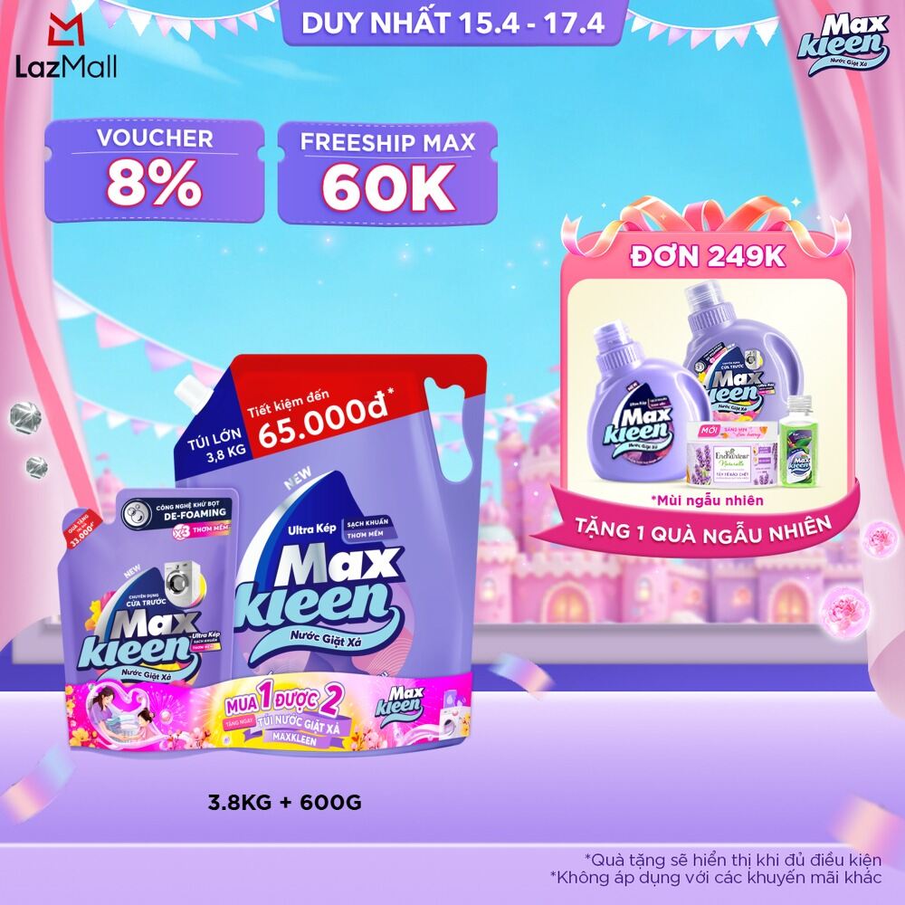 Combo Nước giặt xả MaxKleen Hương Nước Hoa Huyền Diệu: 1 Túi 3.8kg + 1 Túi 600g