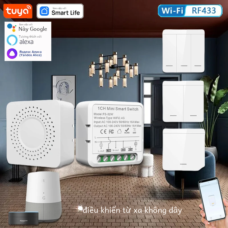 Tuya Wifi Thông Minh 1-3 Băng Đảng Điều Khiển Từ Xa Với Alice Alexa Google Lệnh Bằng Giọng Nói Rf 433 MHz Giao Tiếp Không Dây cho Chiếu Sáng Gia Đình