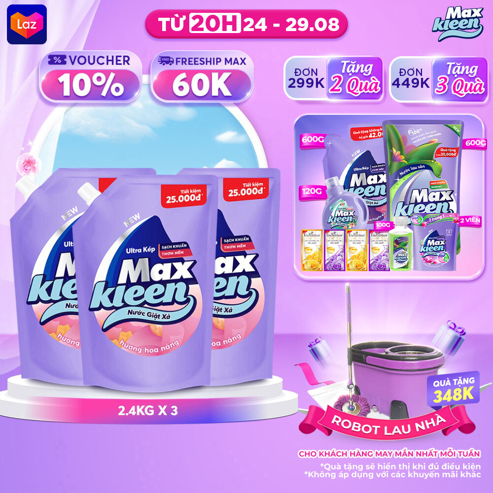 Combo 3 Túi Nước Giặt Xả Maxkleen Hương Hoa Nắng (2.4kg/túi)