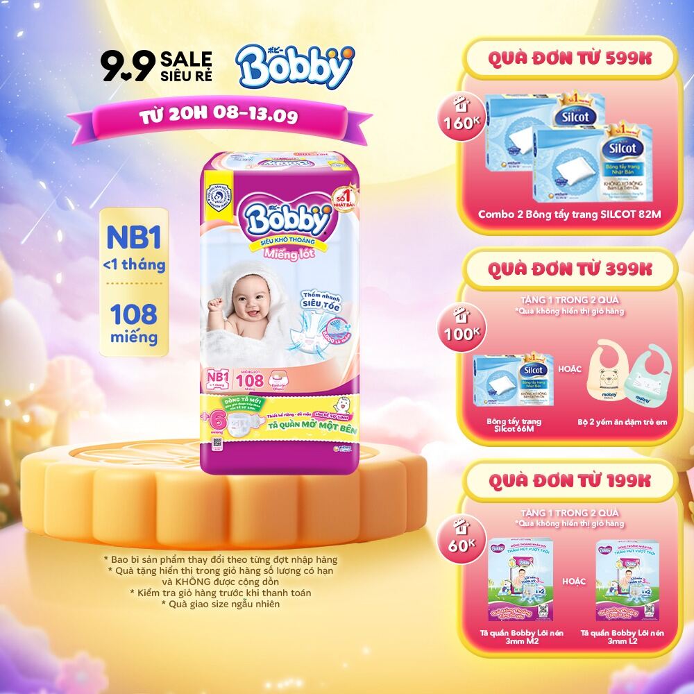 Miếng lót sơ sinh Bobby Newborn NB1 - 108 miếng - Siêu thấm khô thoáng (Tặng thêm 6 miếng Tã Quần Mở