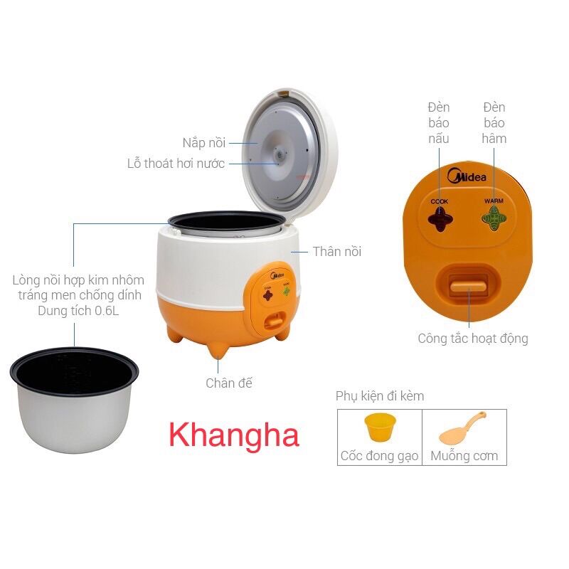 🐍Nồi cơm điện 0,6 lít Midea MR-CM06SA, 400W