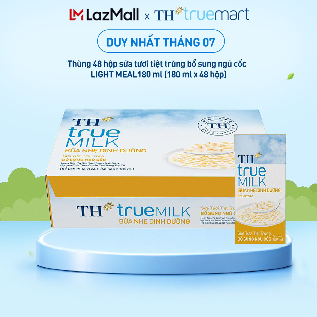Thùng 48 hộp sữa tươi tiệt trùng bổ sung ngũ cốc TH true MILK LIGHT MEAL 180 ml (180 ml x 48)