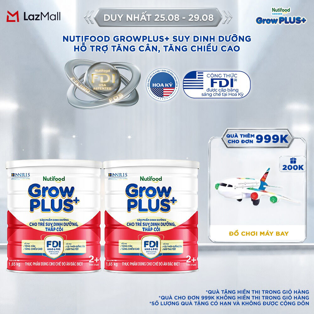 Combo 2 Sữa bột Nutifood GrowPLUS+ Suy Dinh Dưỡng (Đỏ) 2+ - Hỗ Trợ Tăng Cân, Tăng Chiều Cao (2 Lon 1,65 Kg)