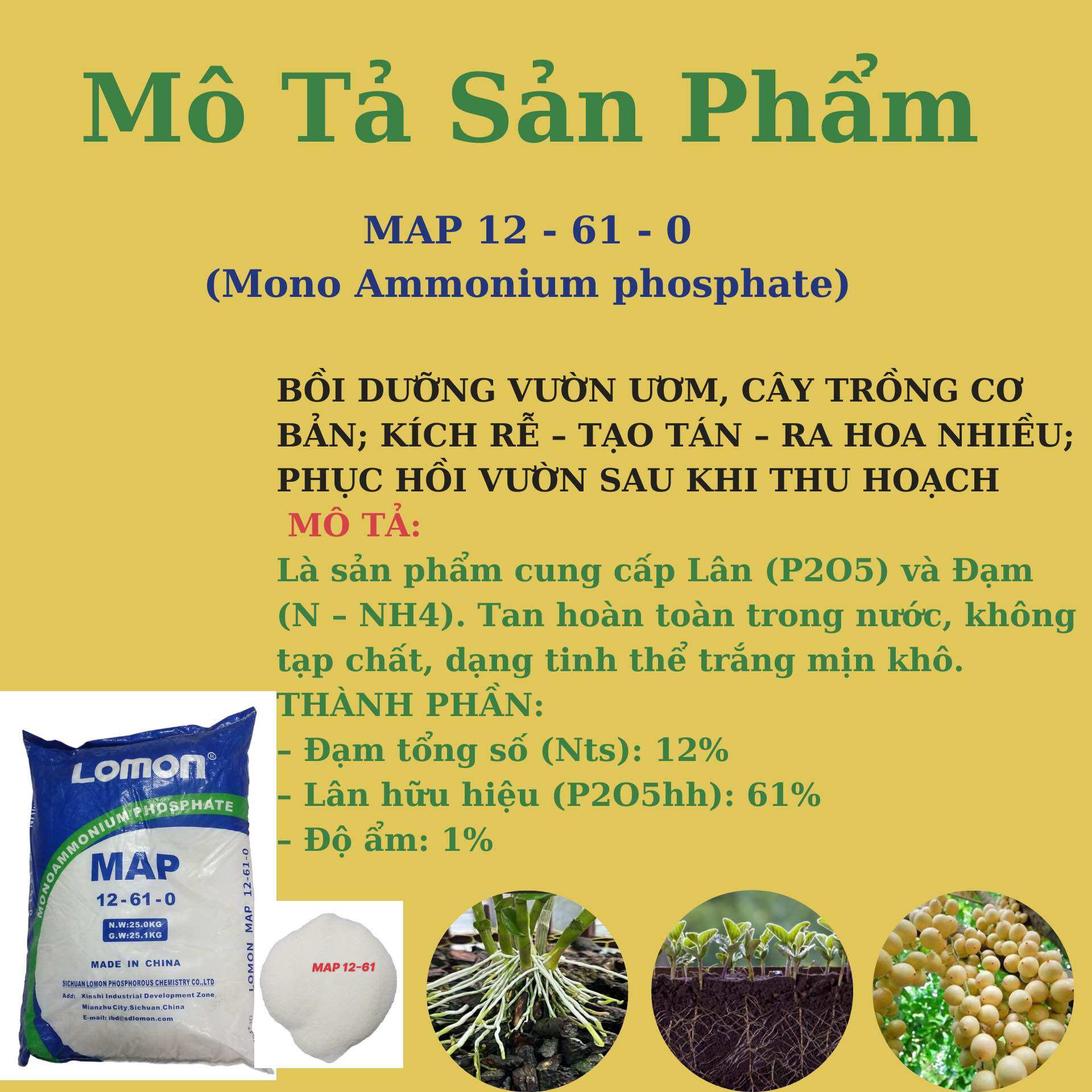 25kg Phân Bón Nhỏ Giọt MAP 12-61 Tan Trong Nước, Giúp Cây Đâm Chồi Mạnh, Ra Rễ, Ra Hoa Đậu Quả Tốt