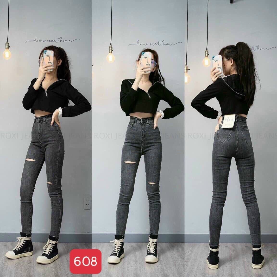 Jeans Dài Lưng Cao Co Giãn Rách