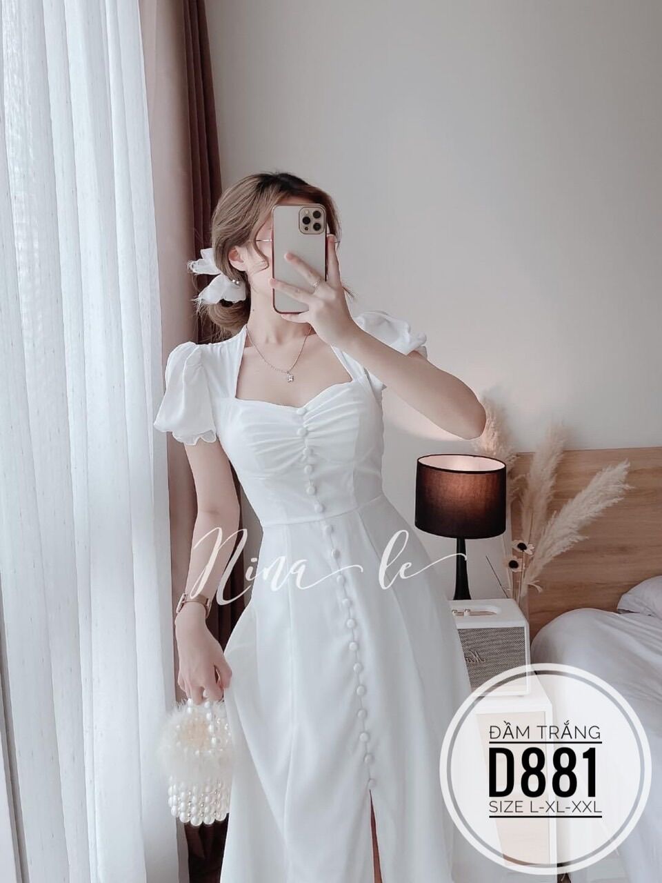 60-90kg Bigsize Đầm trắng nút bọc D881