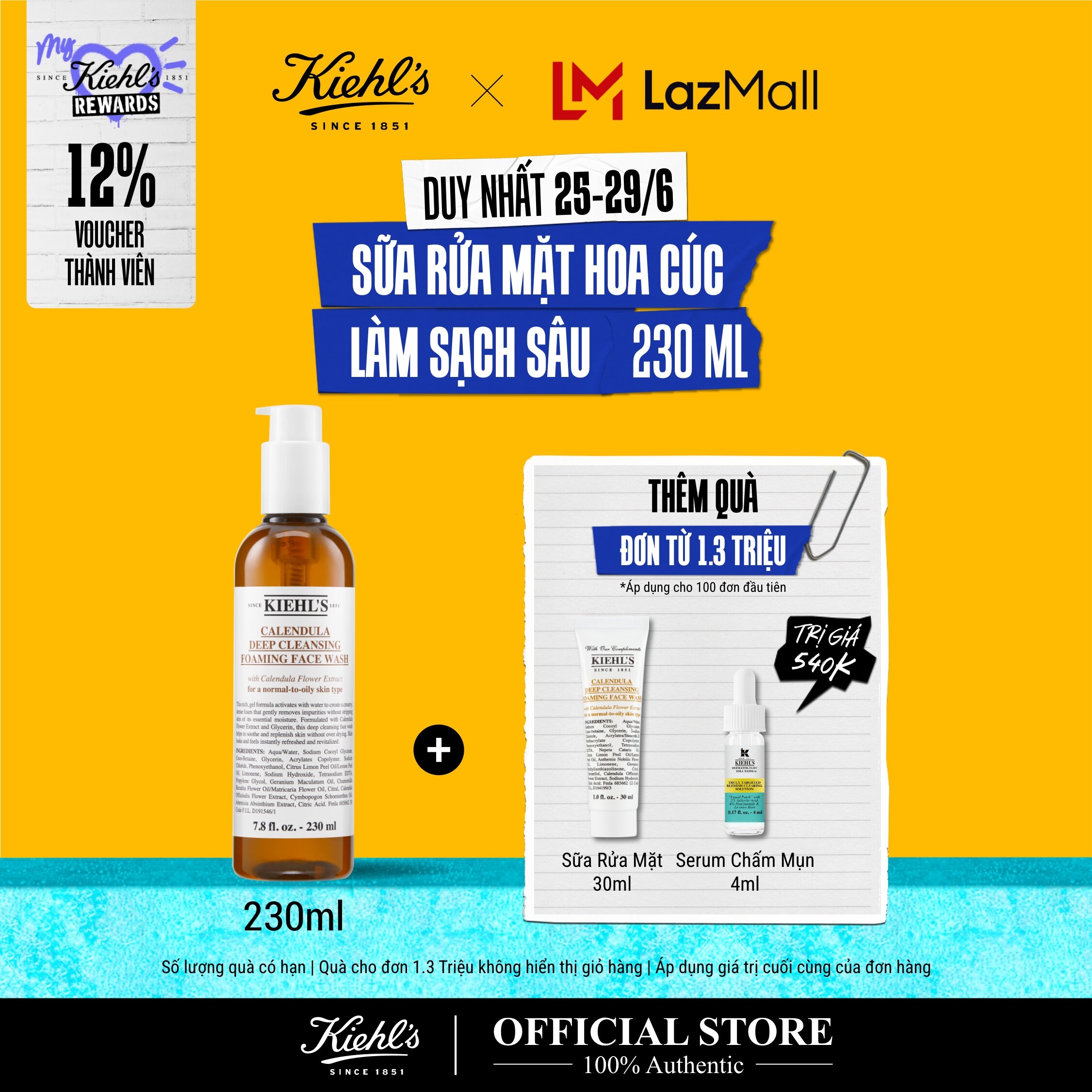 [TẶNG QUÀ ĐƠN 1.3 TRIỆU] Sữa rửa mặt hoa cúc Kiehl's Calendula Deep Cleansing Foaming Face Wash 230ml