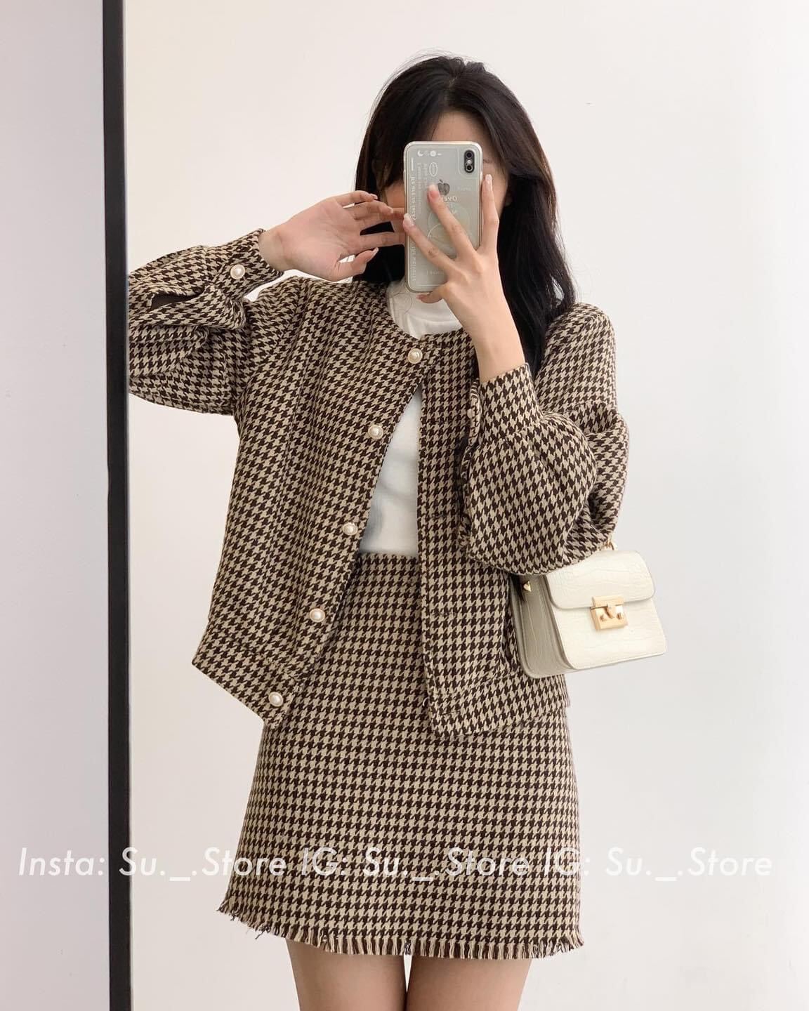 Set áo dạ Tweed kèm chân váy hai lớp
