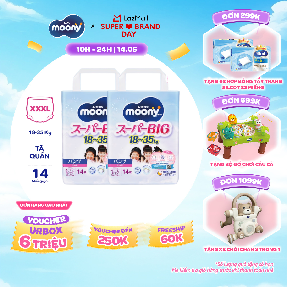 [SALE GIỮA THÁNG tặng QUÀ TO-SLCH] Combo 2 tã quần cao cấp Moony Bé Gái XXXL14 miếng - Nhập khẩu từ Nhật Bản