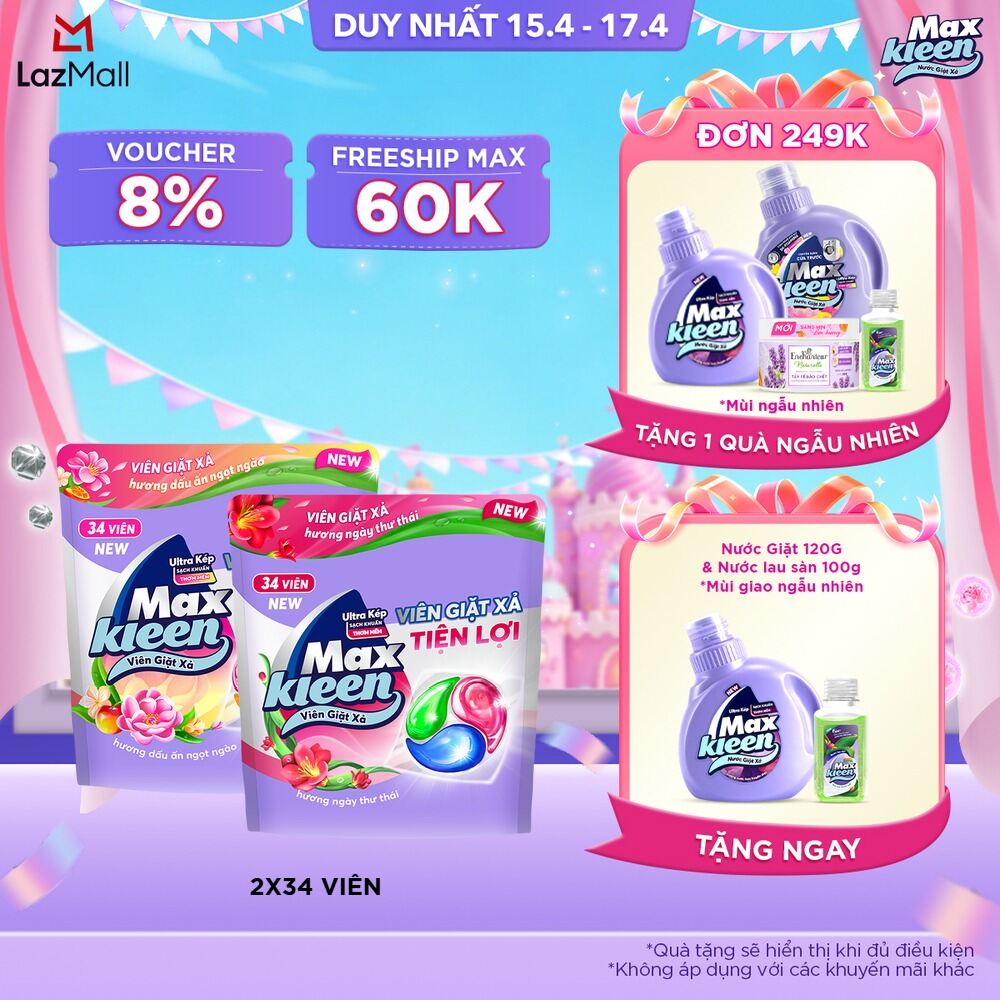Combo 2 Túi Viên Giặt Xả MaxKleen Hương Huyền Diệu/ Ngày Thư Thái/ Dấu ấn ngọt ngào (34 viên/túi)
