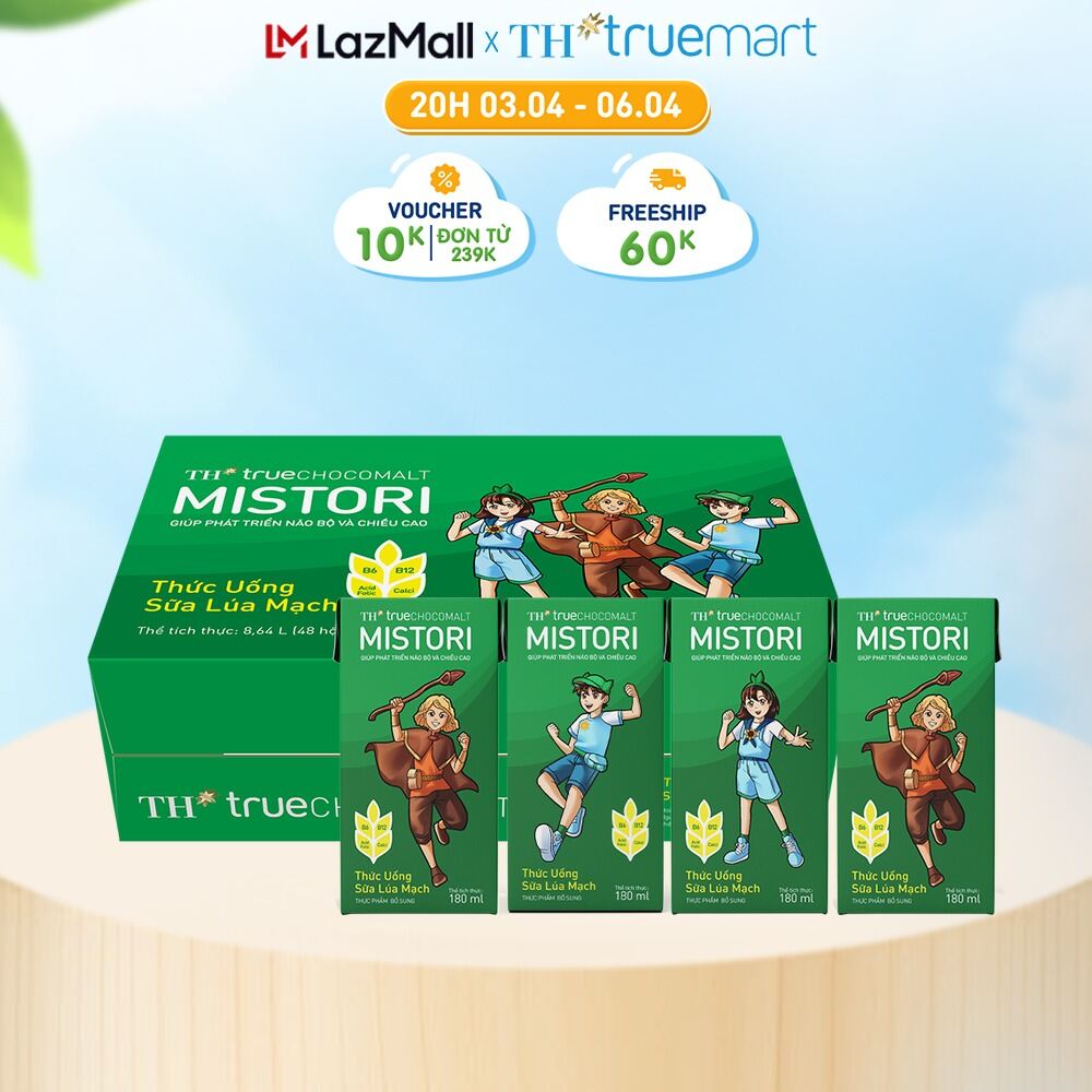 Thùng 48 hộp thức uống Sữa Lúa mạch TH true CHOCOMALT MISTORI 180 ml (180 ml x 48)