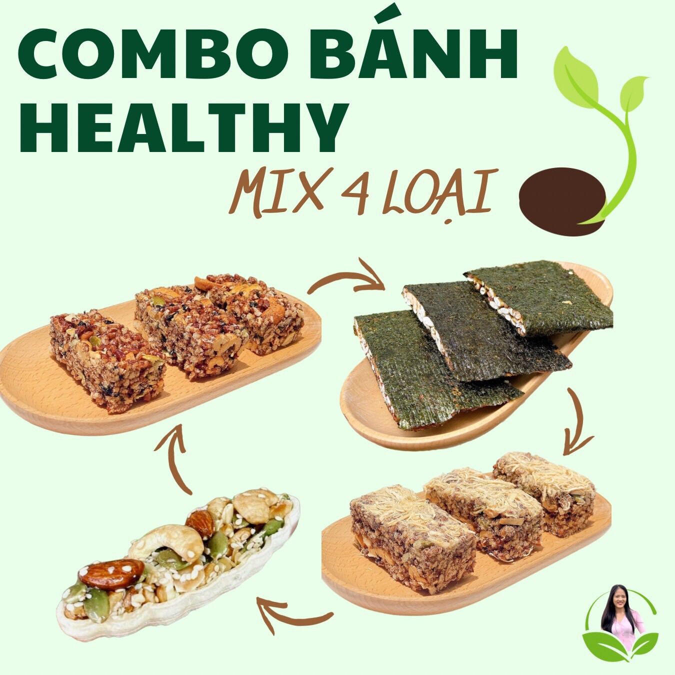Combo mix 4 loại bánh giàu chất dinh dưỡng: Rong biển kẹp hạt, bánh thuyền siêu hạt, thanh gạo lức chà bông, thanh gạo lức rong biển