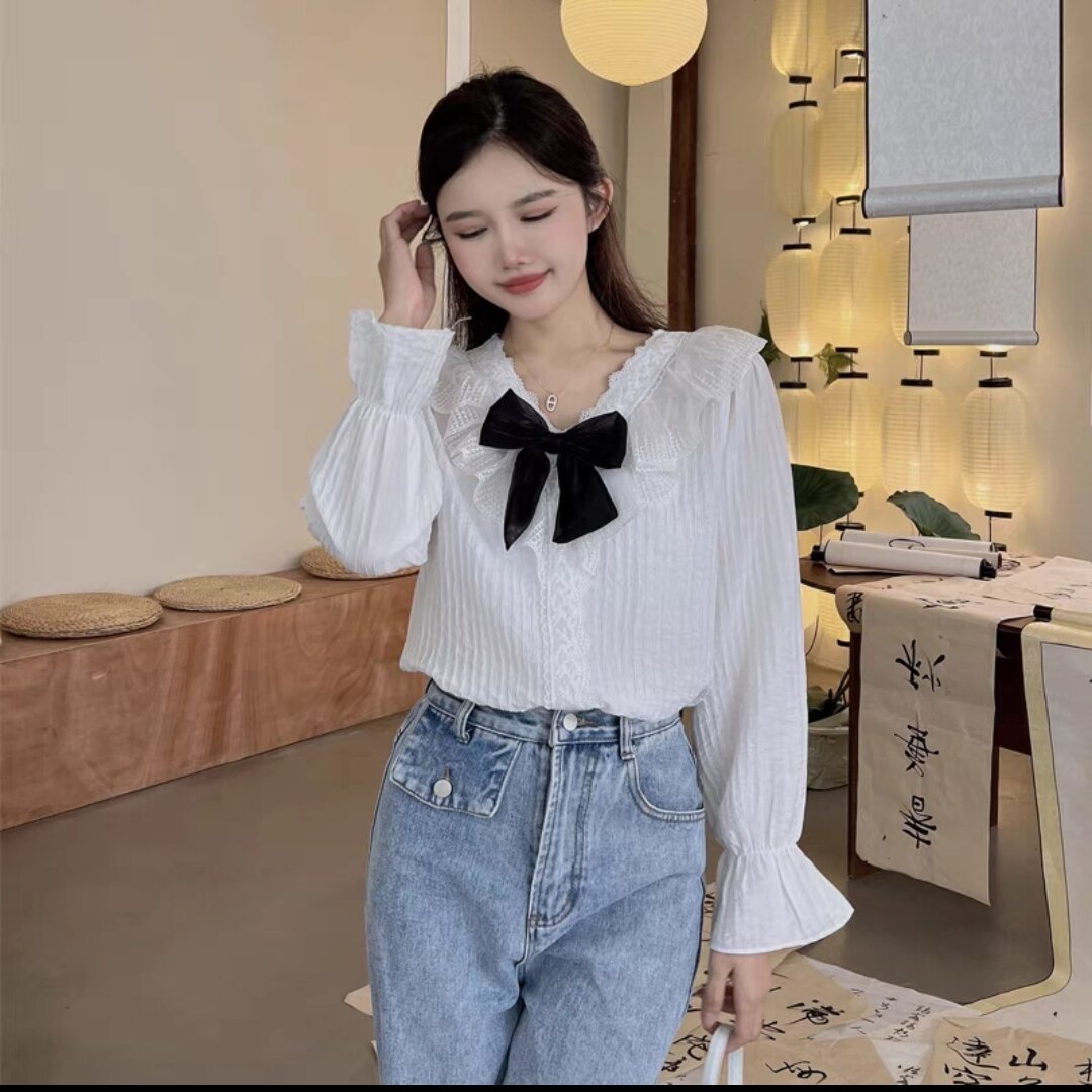 Áo kiểu nữ cổ v phối ren nơ đen hàn quốc