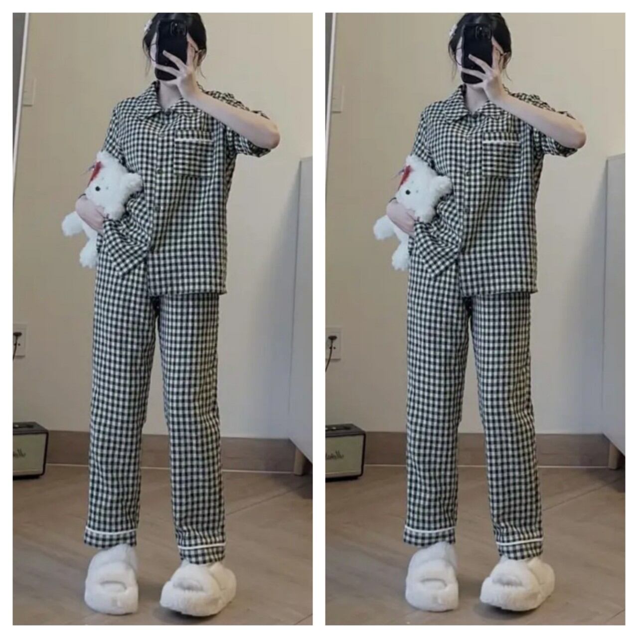 Sét bộ pyjama kẻ cộc dài cổ vét