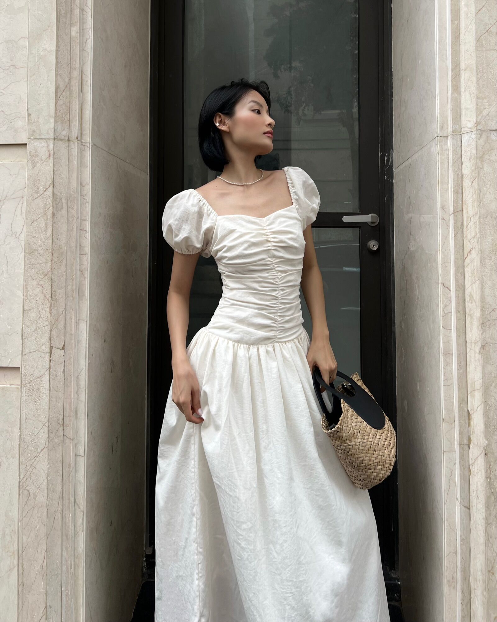 SAP-Đầm tay phồng linen xếp ly