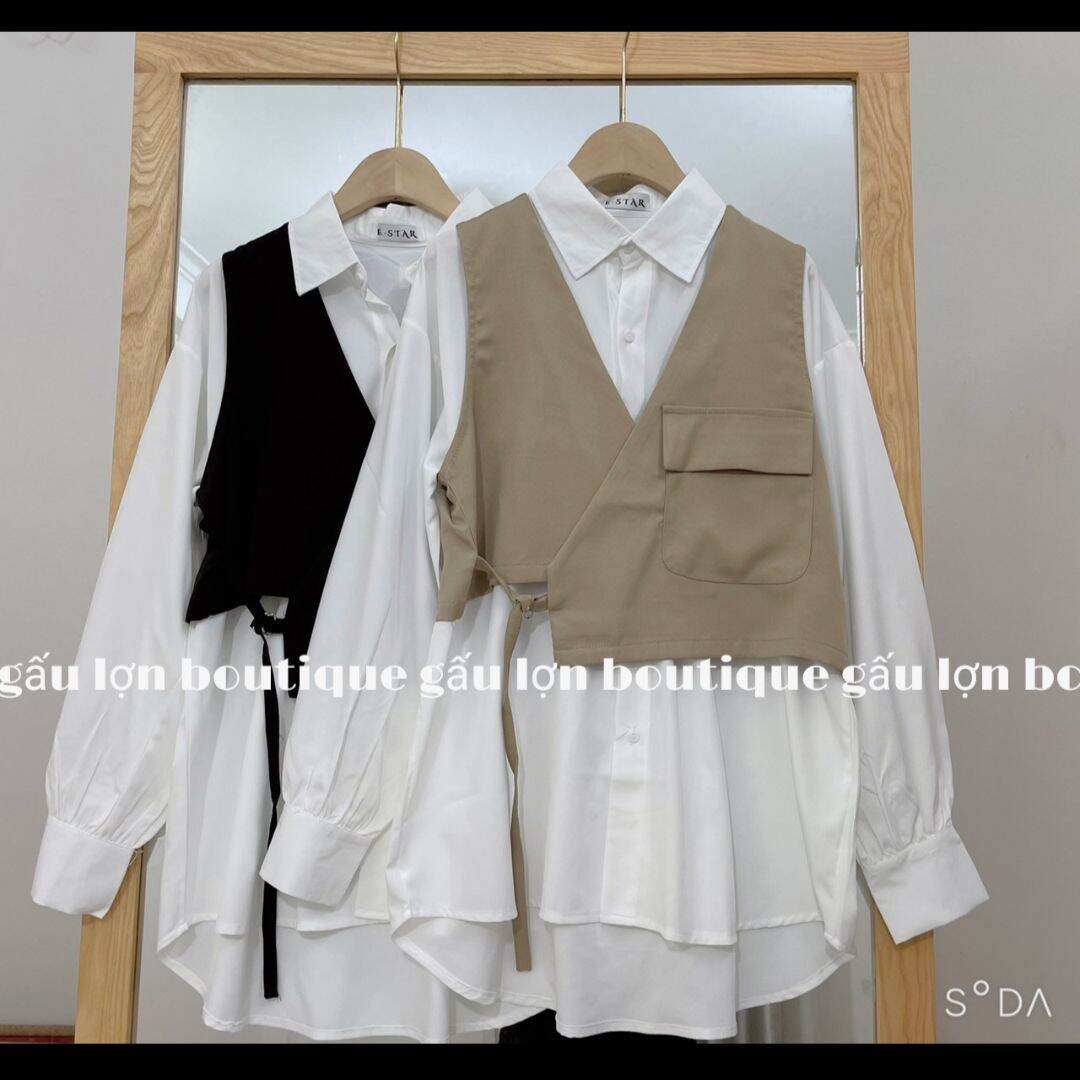 set áo sơ mi trắng kèm áo gile form rộng