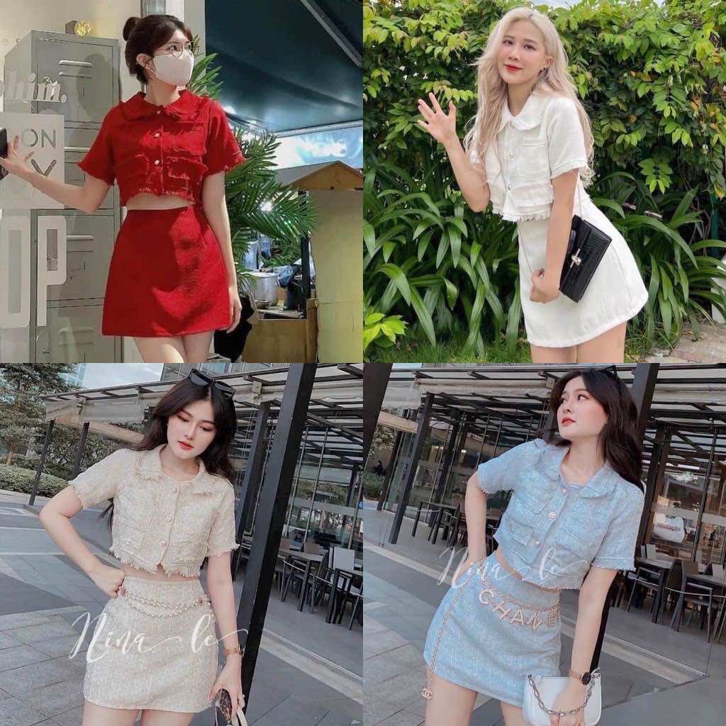 Set áo dạ croptop kèm chân váy