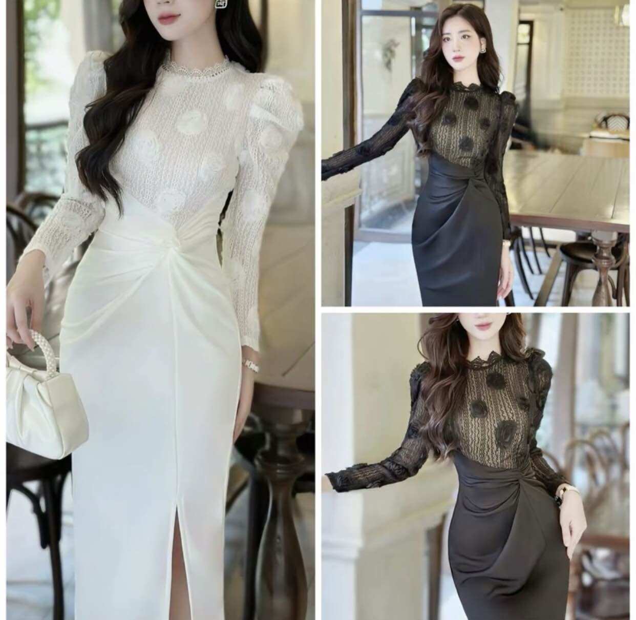 Đầm body dự tiệc chất ren hoa hồng nổi cao cấp