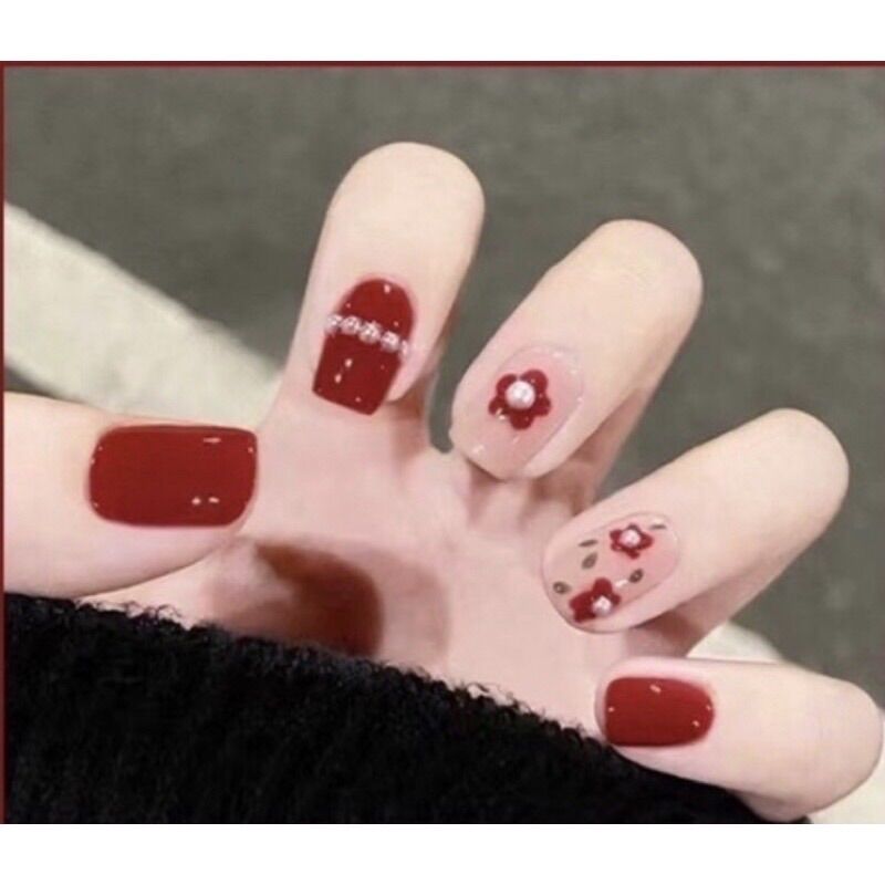 Bộ 24 móng tay giả bông đỏ đính đá🌺sẵn keo dán🌺