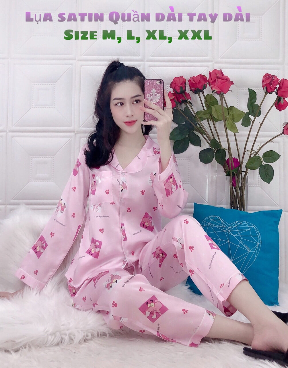Bộ Lụa Satin QDTD Họa Tiết Sang Chảnh_Size M Dưới 52kg
