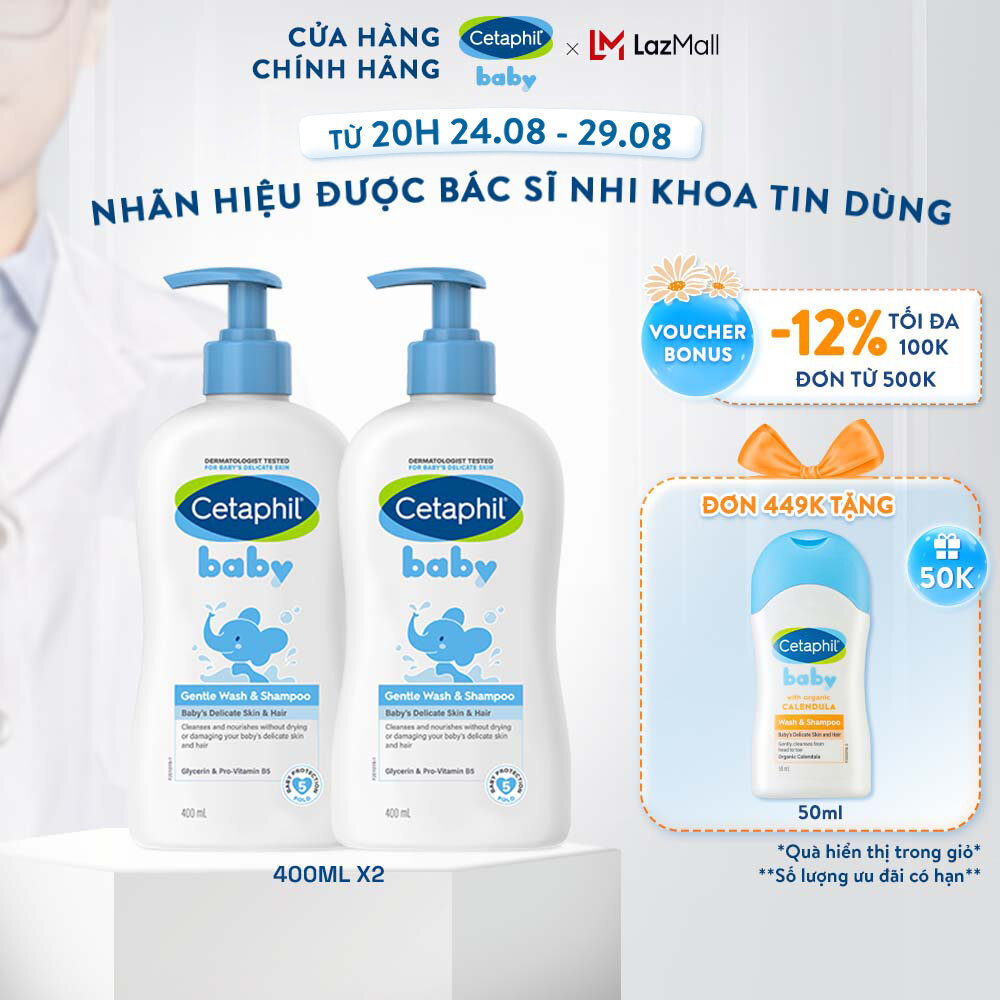 Combo 2 Sữa tắm gội dịu lành cho bé Cetaphil Baby Gentle Wash & Shampoo 400ml/chai