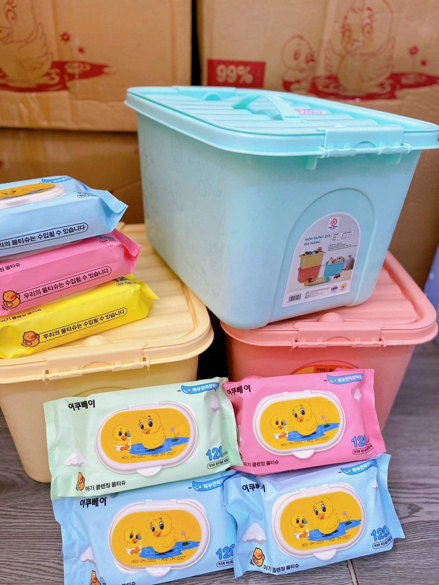 10 Gói Khăn Ướt Vịt Phú Đạt Không Mùi (Tặng Thùng) Được Chọn Màu