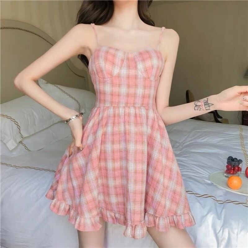 Đầm Caro  Hồng 2 Dây Có Mút Ngực