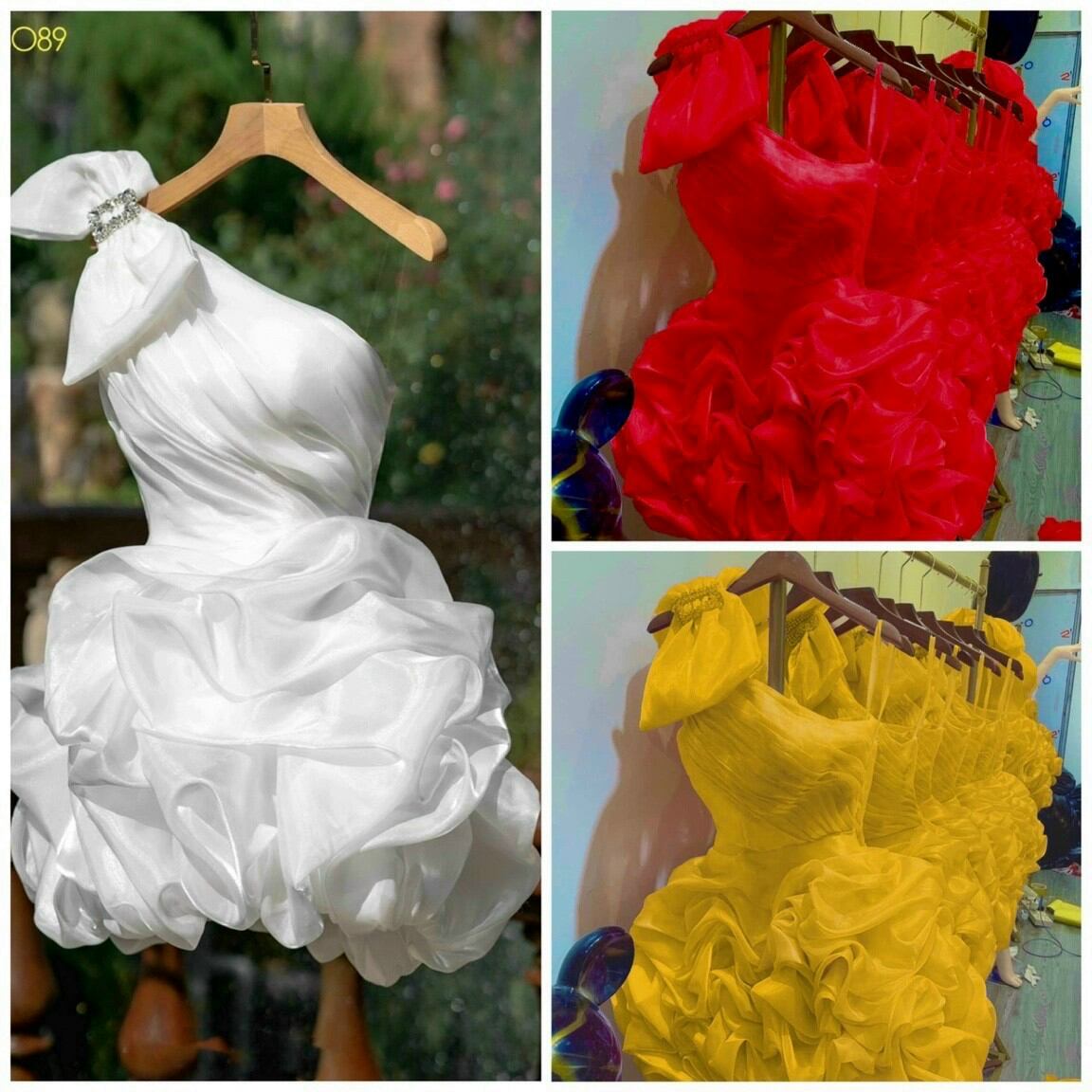 Đầm 1vai organza nhũ ánh kim xếp phồng
