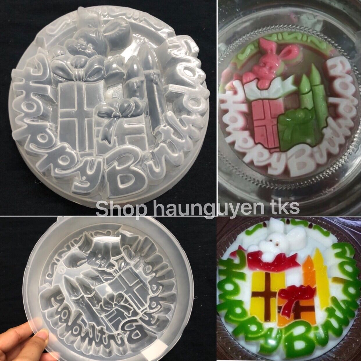Khuôn rau câu happy birthday hình thỏ và nến - 20cm
