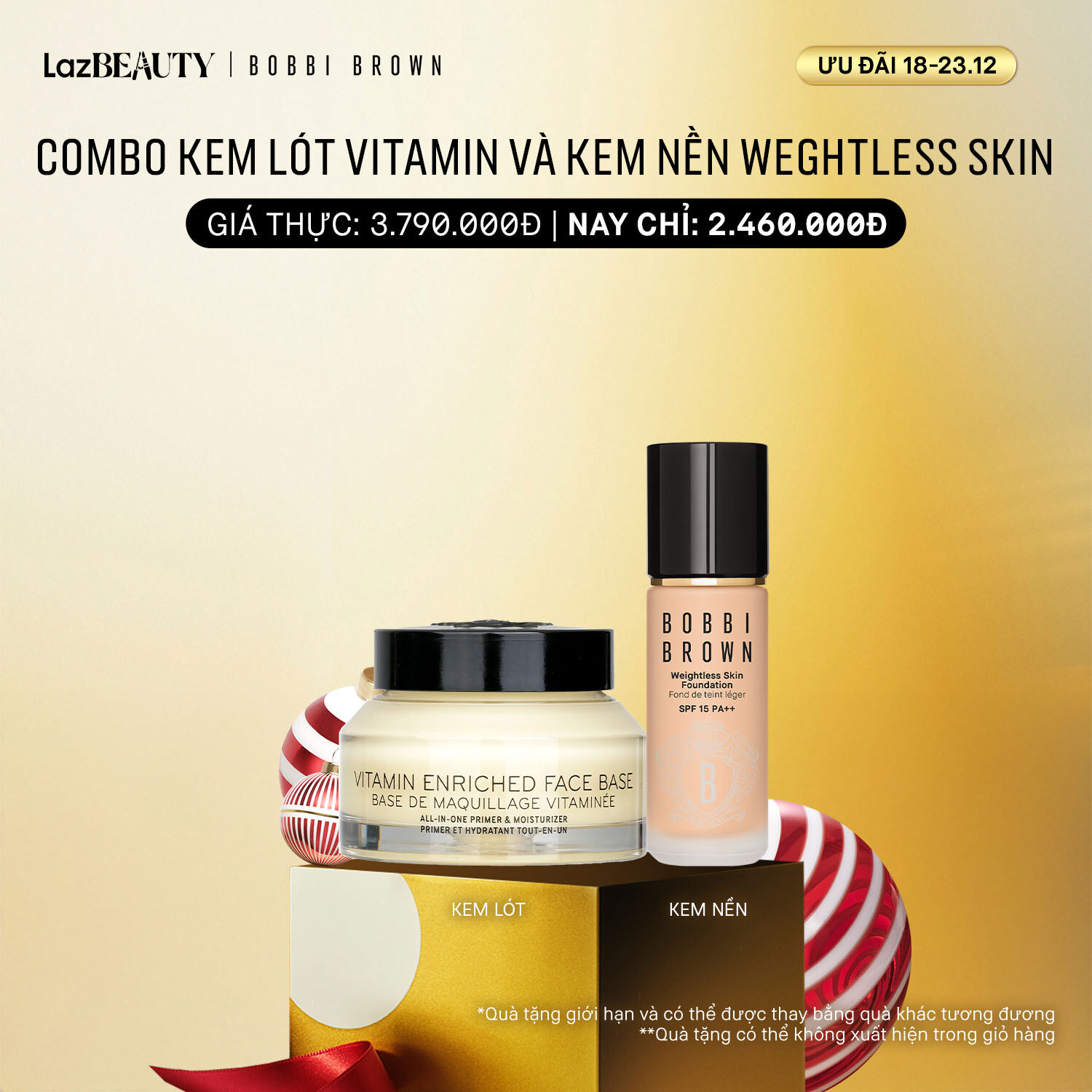   ƯU ĐÃI 18-23.12  Bobbi Brown - Bộ 2 món: Kem nền Bobbi Brown Weightless Skin Foundation SPF 15 PA++ 30ml Kem lót Bobbi Brown Vitamin Enriched Face Base 50ml 